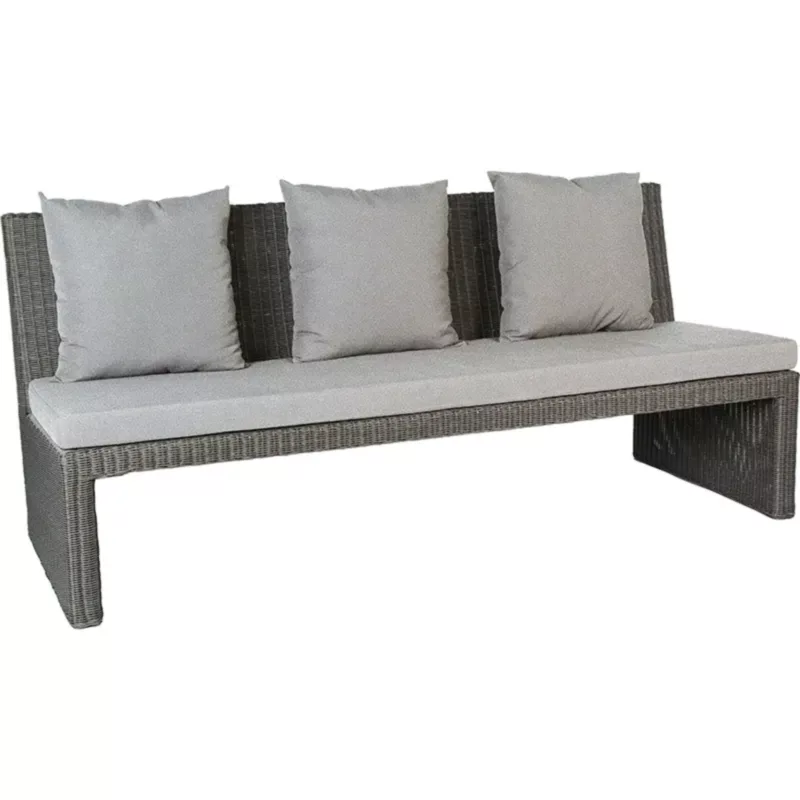 NOEL 3-Sitzer Outdoor-Bank von STERN® in Basaltgrau - Hantermann - Der Hotelausstatter Gray wicker outdoor sofa with light gray cushions and three back cushions on a matching armrest frame.