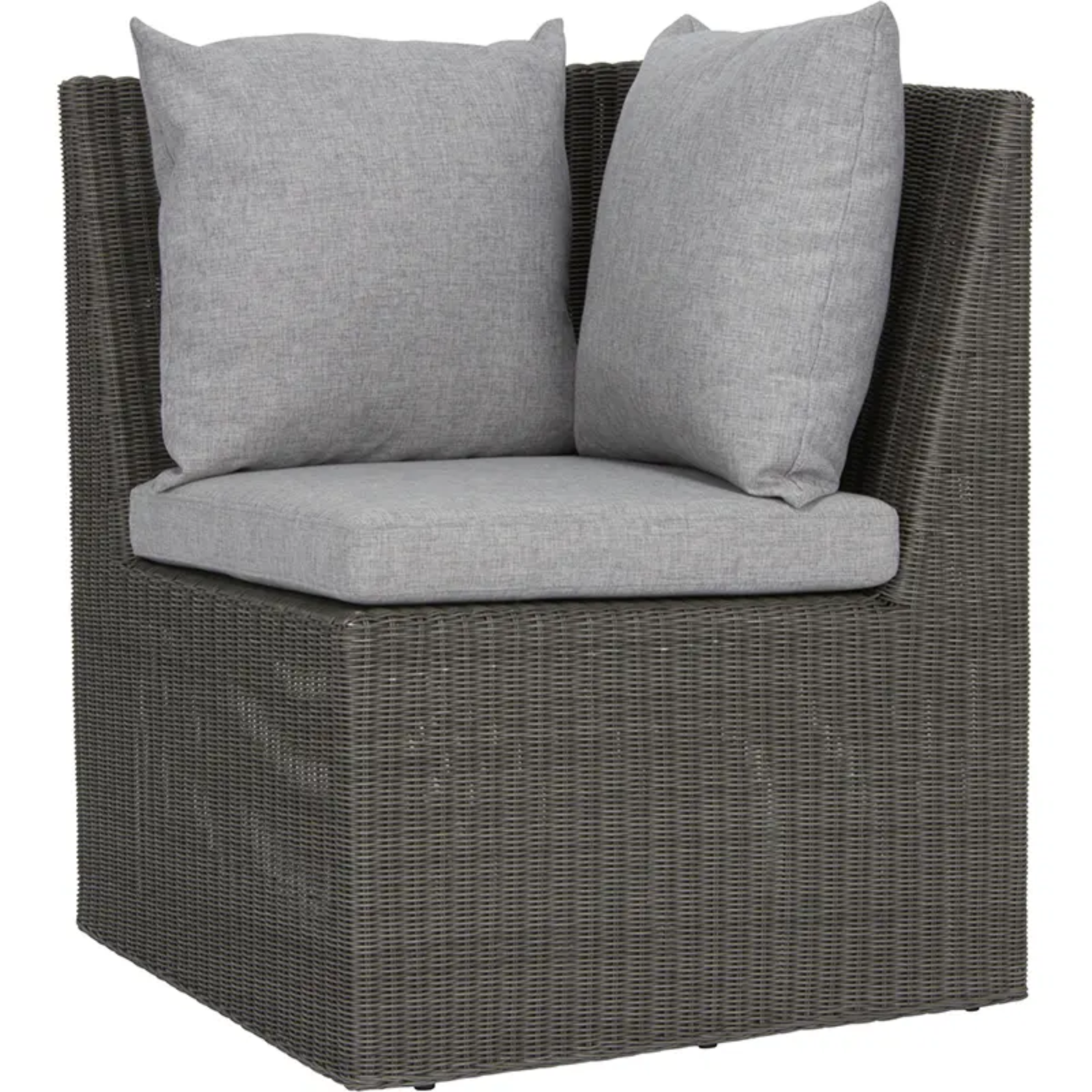 NOEL Eckelement von STERN® – modularer Outdoor-Komfort - Hantermann - Der Hotelausstatter NOEL Eckelement von STERN® mit grauem Geflecht und komfortablen Sitz- und Rückenkissen für modulare Outdoor-Bänke