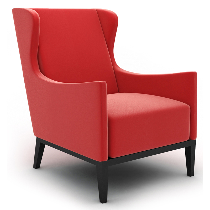 Ohrensessel Nr. 11P, moderner roter Sessel mit hoher Rückenlehne, angedeuteten Ohren und schwarzem Untergestell, seitlich freigestellt