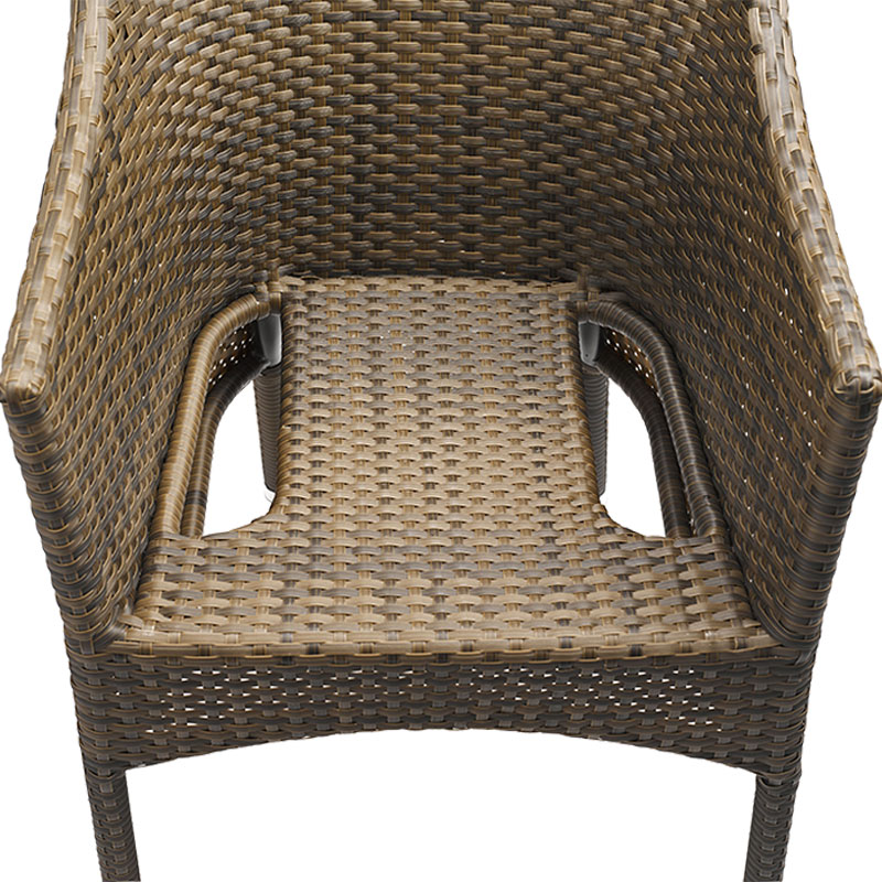 ROYAL 3 Outdoor Stapelsessel – Detailansicht Polyrattan Grau-Meliert - Hantermann - Der Hotelausstatter ROYAL 3 Polyrattan Outdoor Stapelsessel in Grau-Meliert mit geflochtener Sitzfläche, Rückenlehne und Armlehnen im Detail