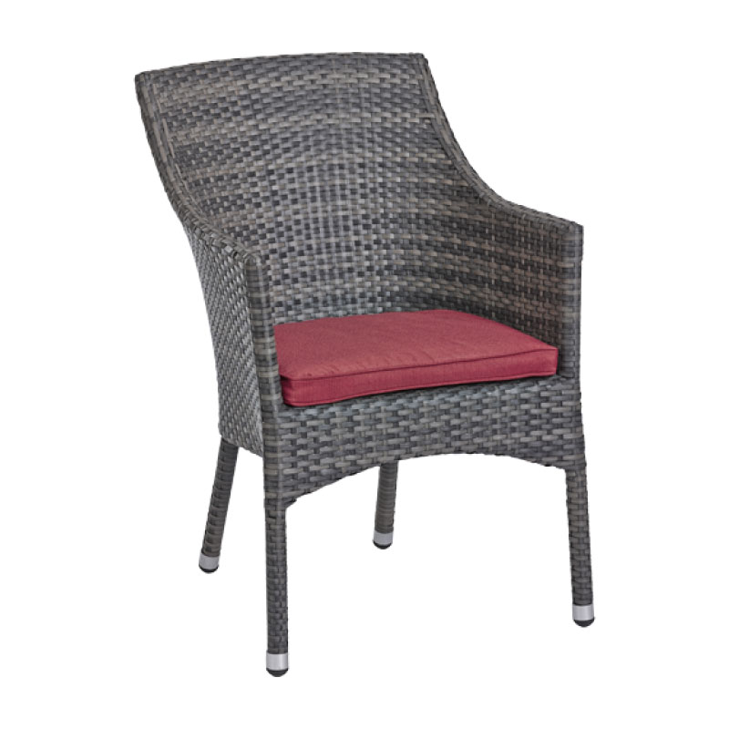 ROYAL 3 Outdoor Stapelsessel – Grau-Meliert mit rotem Sitzkissen - Hantermann - Der Hotelausstatter ROYAL 3 Polyrattan Outdoor Stapelsessel in Grau-Meliert mit rotem Sitzkissen, geschwungener Rückenlehne und Armlehnen