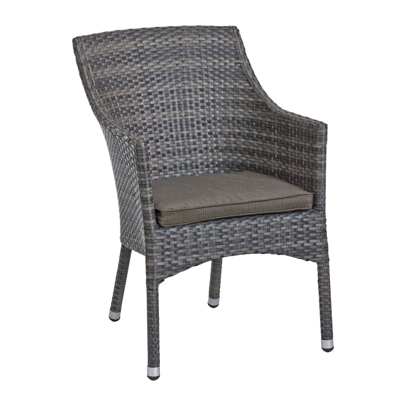 ROYAL 3 Outdoor Stapelsessel – Grau-Meliert mit Sitzkissen in grau - Hantermann - Der Hotelausstatter ROYAL 3 Polyrattan Outdoor Stapelsessel in Grau-Meliert mit grauem Sitzkissen, geschwungener Rückenlehne und Armlehnen