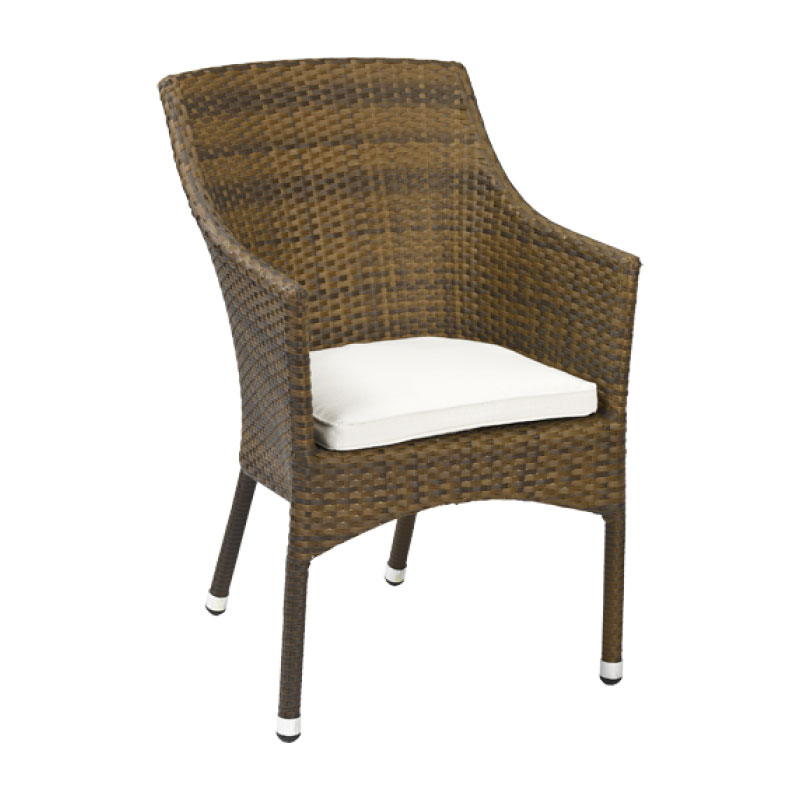 ROYAL 3 Polyrattan Outdoor Stapelsessel in Grau-Meliert mit weißem Sitzkissen, geschwungener Rückenlehne und Armlehnen