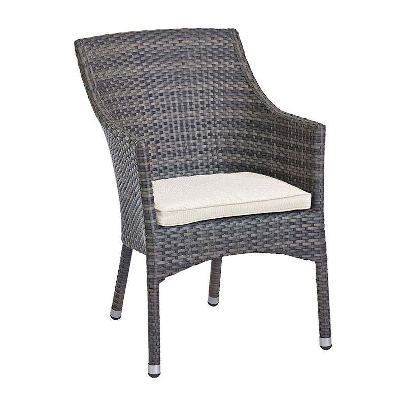 ROYAL 3 Outdoor Stapelsessel – Grau-Meliert mit weißem Sitzkissen - Hantermann - Der Hotelausstatter ROYAL 3 Polyrattan Outdoor Stapelsessel in Grau-Meliert mit weißem Sitzkissen, geschwungener Rückenlehne und Armlehnen