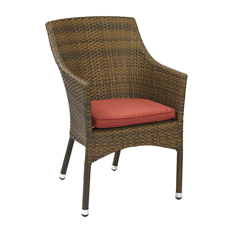 ROYAL 3 Polyrattan Stapelsessel – Grau mit roter Sitzauflage - Hantermann - Der Hotelausstatter ROYAL 3 Polyrattan Outdoor Stapelsessel in Grau-Meliert mit rotem Sitzkissen, geschwungener Rückenlehne und Armlehnen