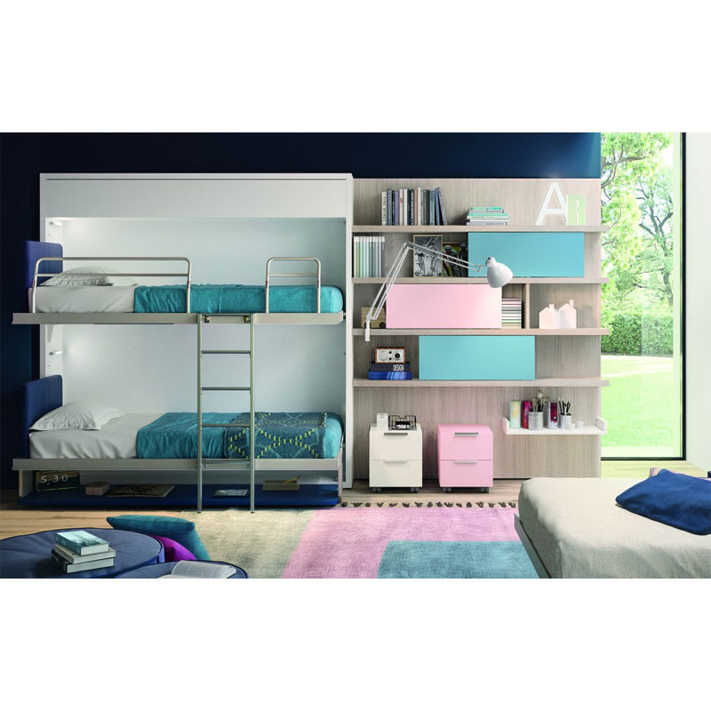 Schrankbett KAY DUO – ausgeklapptes Etagenbett im Jugendzimmer - Hantermann - Der Hotelausstatter Schrankbett KAY DUO mit zwei aufgeklappten Etagenbetten, mittiger Leiter und Regalwand mit blau-pinken Stauraumelementen in hellem Jugendzimmer mit großen Fenstern