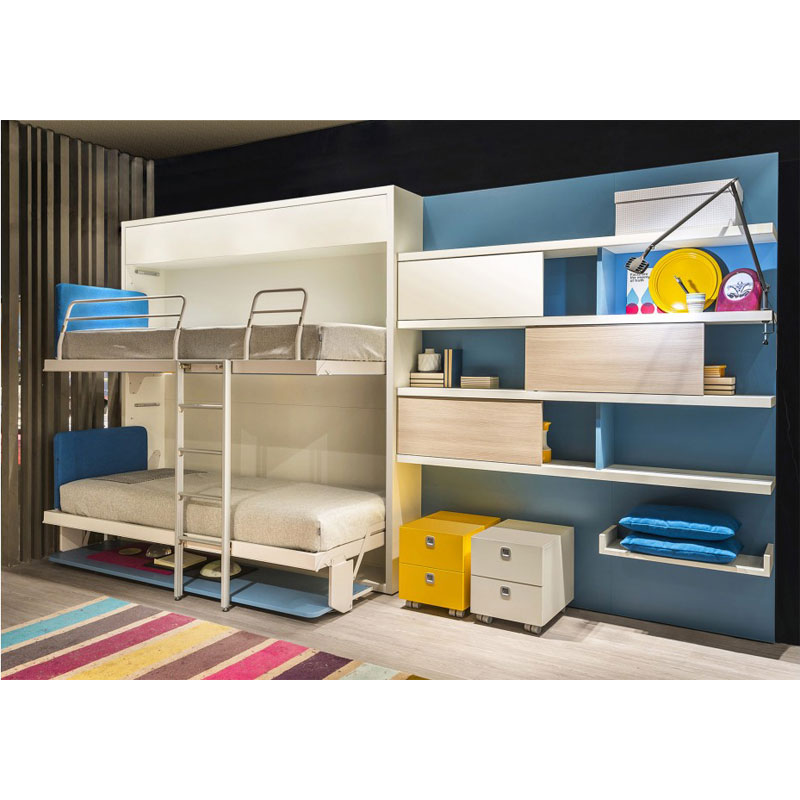 Schrankbett KAY DUO – komplett ausgeklapptes Etagenbett - Hantermann - Der Hotelausstatter Schrankbett KAY DUO mit zwei vollständig ausgeklappten Etagenbetten, mittiger Leiter und seitlichem Regal mit Schubkästen, Büchern und Deko im modernen Jugendzimmer