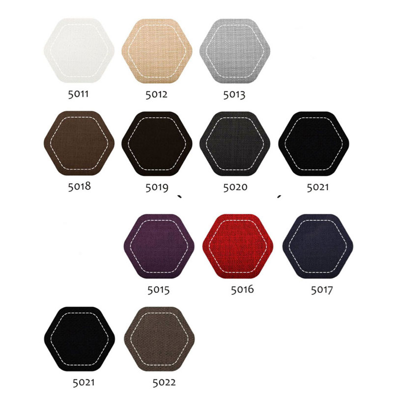 Stoffkollektion für das MEDITERRAN Boxspringbett PRESTIGE – Farbpalette 5011–5022 - Hantermann - Der Hotelausstatter Stoffmuster-Tafel mit zwölf sechseckigen Bezugsfarben für Boxspringbetten, nummeriert von 5011 bis 5022