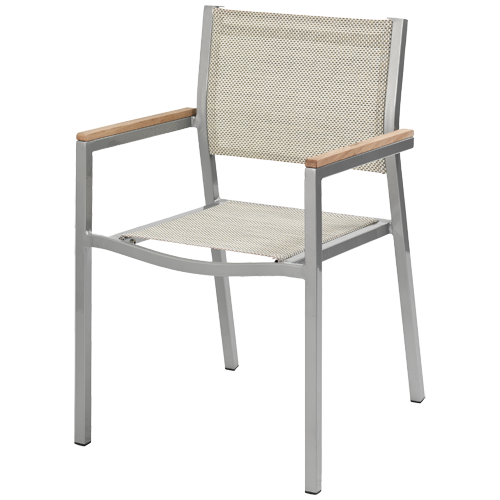 Terrassensessel NOVA in Beige – Outdoor Armlehnstuhl mit Aluminium und Teak - Hantermann - Der Hotelausstatter Terrassensessel NOVA mit silberfarbenem Aluminiumgestell, beiger Textilbespannung und Teakholz-Armauflagen