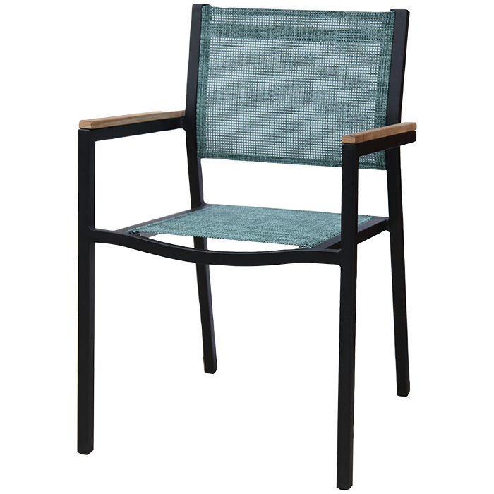 Terrassensessel NOVA in Schwarz und Petrol – Outdoor Armlehnstuhl mit Teak - Hantermann - Der Hotelausstatter Terrassensessel NOVA mit schwarzem Gestell, petrolfarbener Textilbespannung und Teakholz-Armauflagen