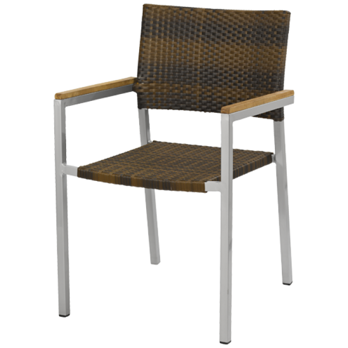 Terrassensessel NOVA mit Geflecht in Braun – Outdoor Armlehnstuhl mit Aluminium und Teak - Hantermann - Der Hotelausstatter Terrassensessel NOVA mit silberfarbenem Aluminiumgestell, braunem Geflecht und Teakholz-Armauflagen