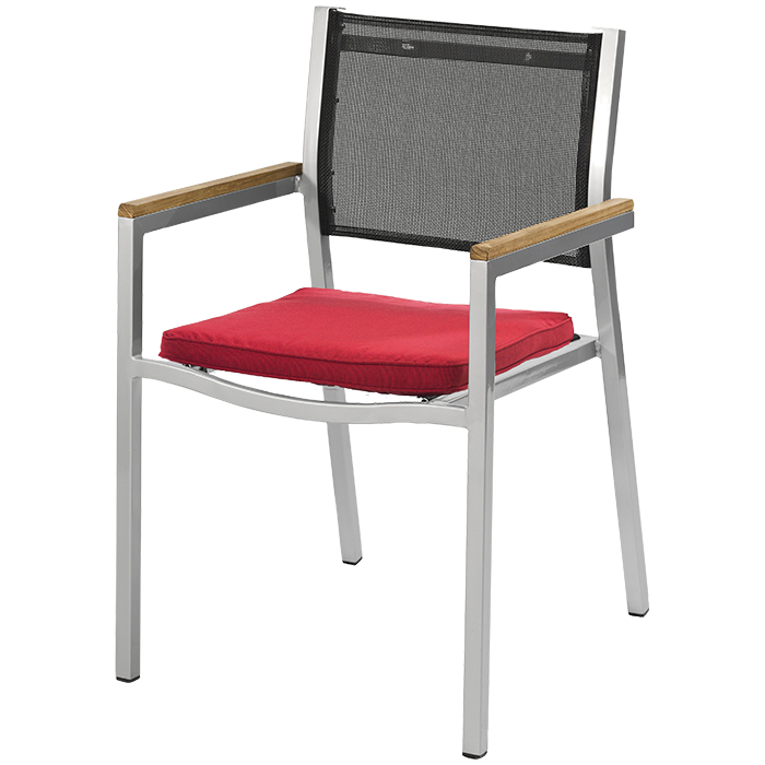 Terrassensessel NOVA mit rotem Sitzkissen – Outdoor Armlehnstuhl für Hotel und Gastronomie - Hantermann - Der Hotelausstatter Terrassensessel NOVA mit Aluminiumgestell, schwarzer Textilbespannung, Teakholz-Armauflagen und rotem Sitzkissen