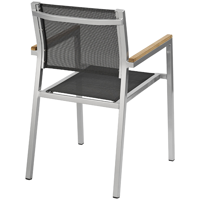 Terrassensessel NOVA – Rückenansicht des Outdoor Armlehnstuhls mit Aluminium und Teak - Hantermann - Der Hotelausstatter Rückenansicht des Terrassensessels NOVA mit Aluminiumgestell, schwarzer Textilbespannung und Teakholz-Armauflagen