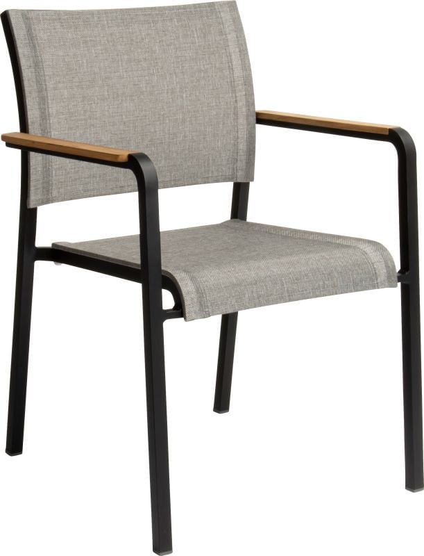 TILO Outdoor Stapelsessel von STERN® mit grauer Bespannung, dunklem Gestell und Holzarmlehnen