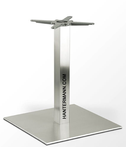 Tischgestell INOX mit quadratischer Bodenplatte und zentraler Säule aus Edelstahl für runde Tischplatten bis 130 cm Durchmesser.