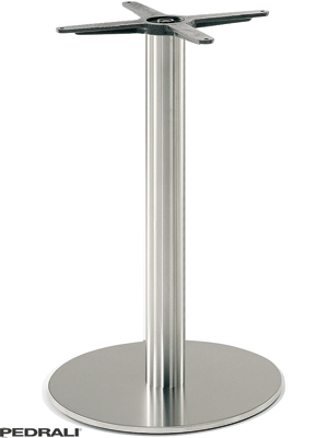 Rundes Tischgestell INOX aus Edelstahl mit zylindrischer Säule und Kreuzaufnahme für runde Tischplatten bis 90 cm Durchmesser.