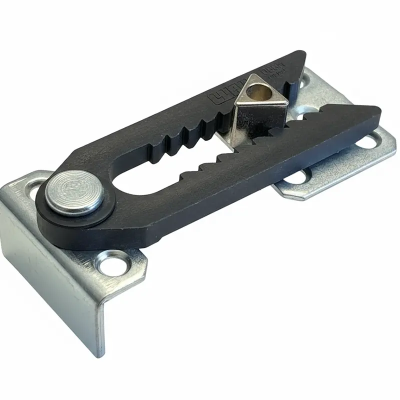 Das Bild zeigt einen Verbindungsbeschlag mit Winkelbefestigung, wie er oft für Möbel oder Bauelemente eingesetzt wird.