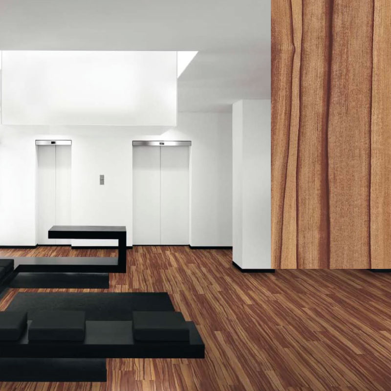 Vinyl-Designboden GEALTERTER INDISCHER APFEL mit warmer Holzoptik in einem modernen, weißen Foyer mit Sitzmöbeln