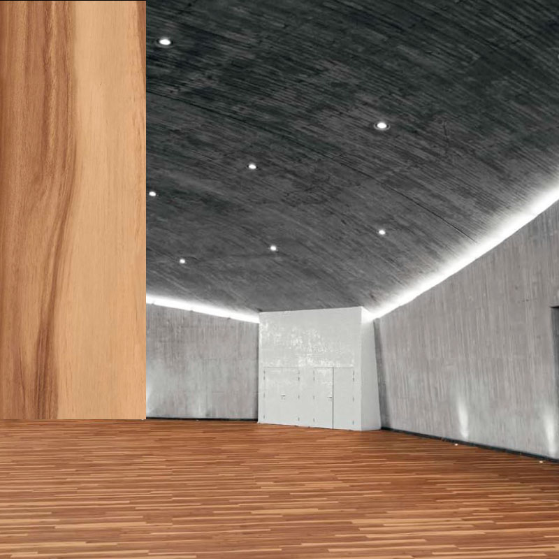 Vinyl-Designboden UNBEHANDELTES HOLZ mit natürlicher Holzoptik in großem, modernem Saal mit Betonwänden und gewölbter Decke