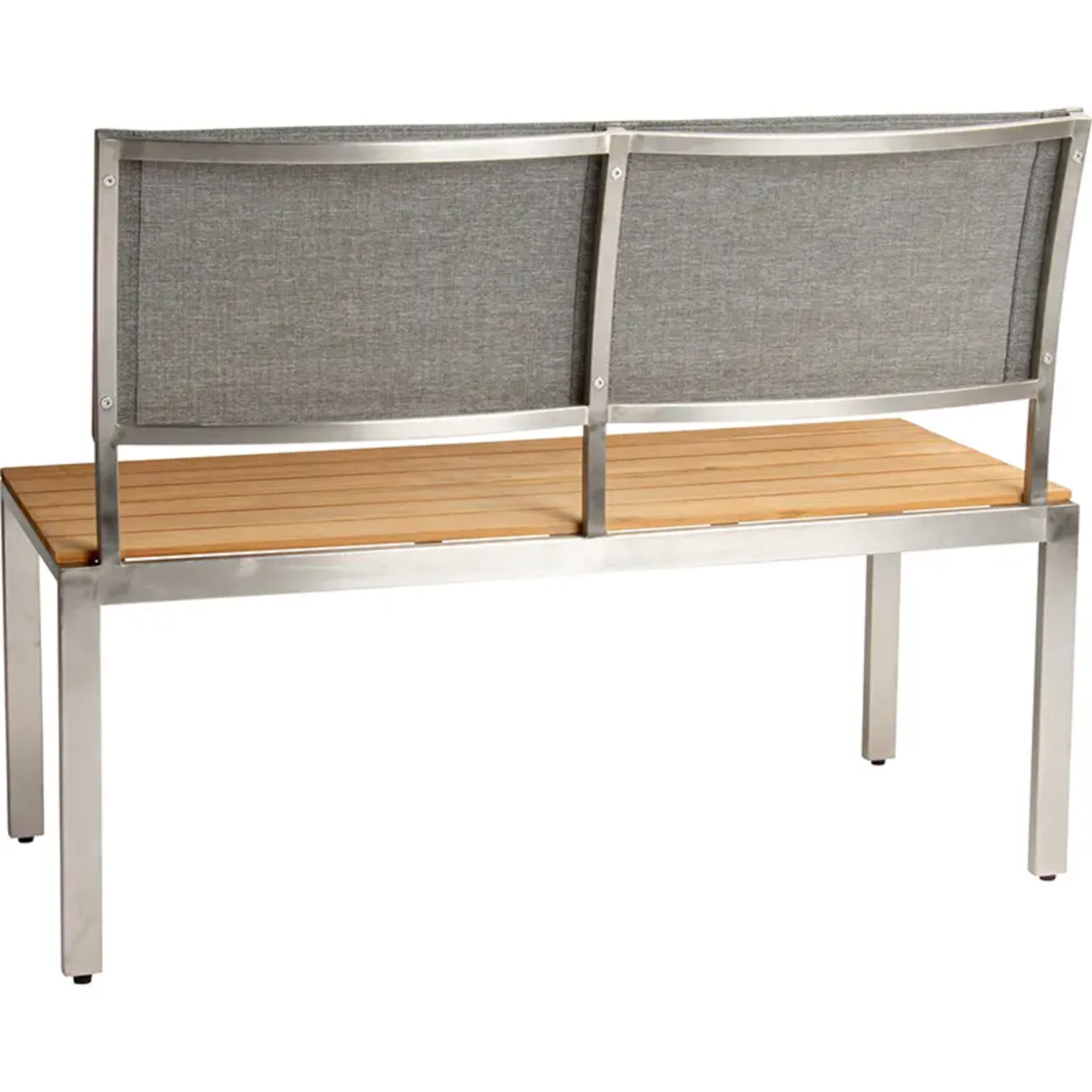 VIONA Outdoor-Bank von STERN® – elegante Rückansicht - Hantermann - Der Hotelausstatter VIONA Outdoor 2-Sitzer-Bank von STERN® mit Edelstahlgestell, Teakholzsitz und grauer Rückenlehne in Rückansicht