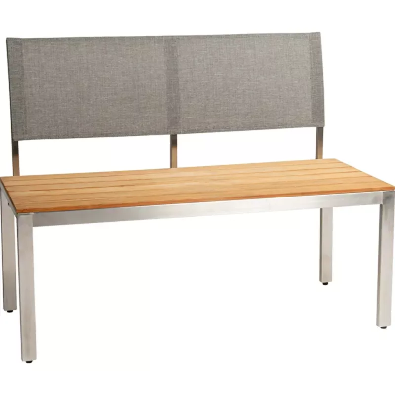 VIONA Outdoor 2-Sitzer-Bank von STERN® mit Teakholzsitz, Edelstahlgestell und grauer Rückenlehne