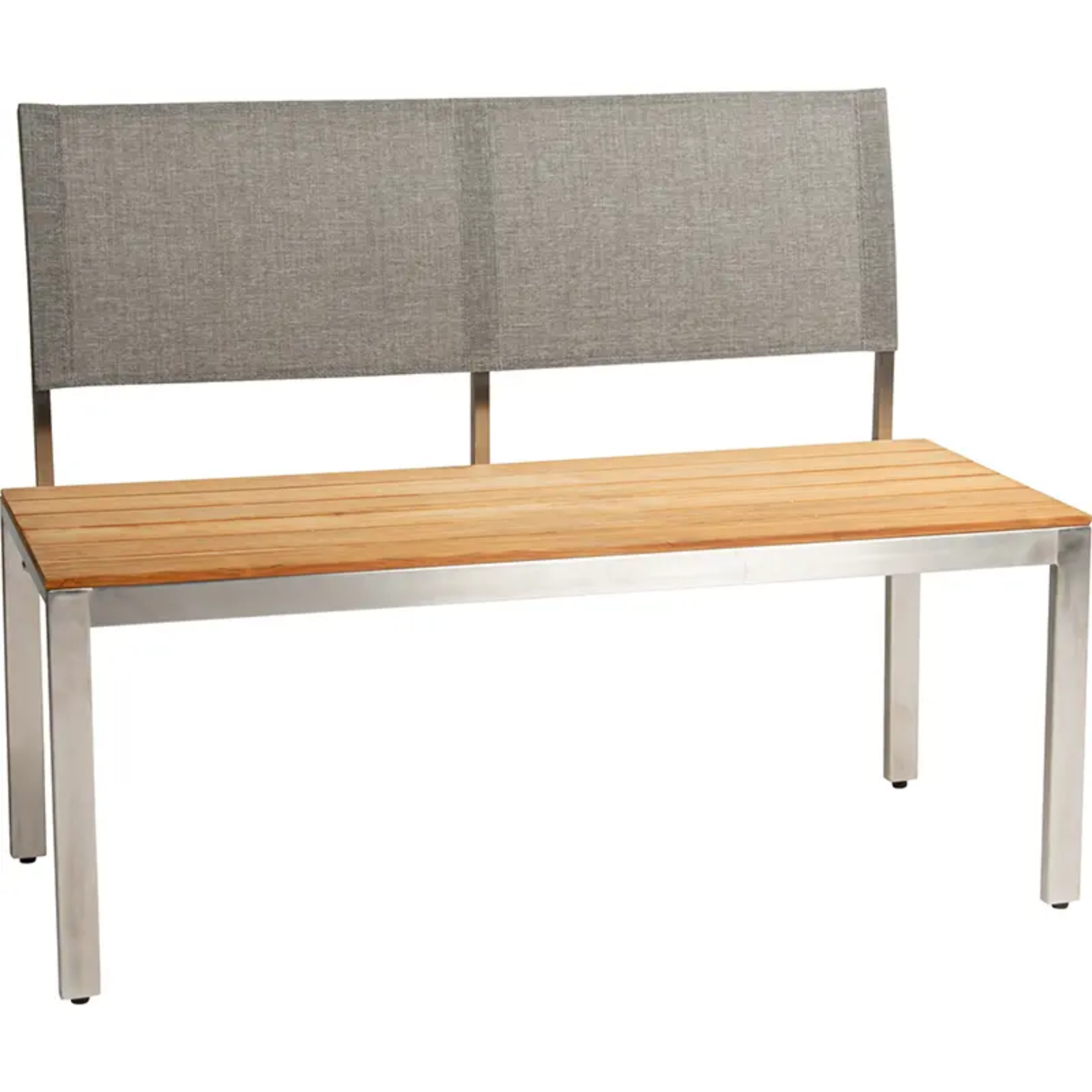 VIONA Outdoor-Bank von STERN® – Teakholz trifft Edelstahl - Hantermann - Der Hotelausstatter VIONA Outdoor 2-Sitzer-Bank von STERN® mit Teakholzsitz, Edelstahlgestell und grauer Rückenlehne