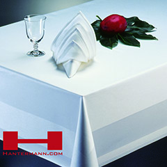 Das Bild zeigt einen elegant gedeckten Tisch mit einem weißen Tischtuch, darauf eine kunstvoll gefaltete Stoffserviette in weiß, ein sowie ein kleines Glas mit Stiel. Rechts daneben befindet sich ein roter Apfel auf einem grünen Blatt. In der unteren linken Ecke ist das Logo und der Schriftzug "HANTERMANN.COM" in Rot abgebildet. Das gesamte Arrangement vermittelt einen hochwertigen und stilvollen Eindruck, passend für gehobene Gastronomie oder Hotellerie.