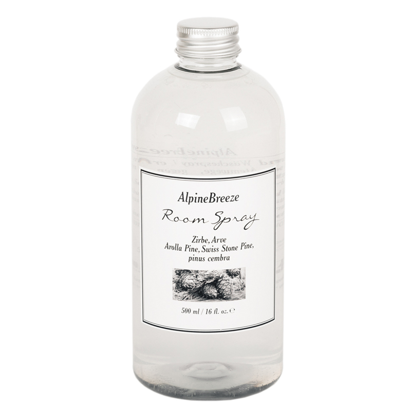 AlpineBreeze Zirben Raumspray und Wäschespray in transparenter 500-ml-Flasche mit silbernem Schraubverschluss