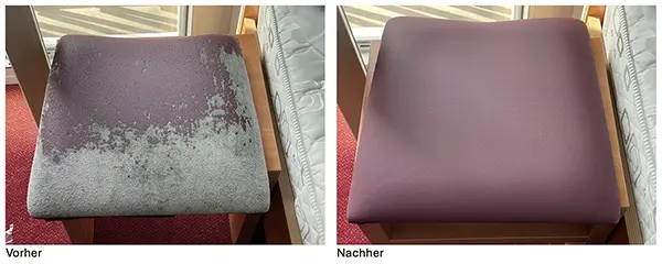 Das Bild zeigt einen typischen Vorher-Nachher-Vergleich einer Stuhlrenovierung im Hotelbereich. Bildbeschreibung Links („Vorher“) sieht man eine stark abgenutzte Sitzfläche eines Polsterstuhls. Der Stoff ist deutlich verschlissen, die Sitzfläche wirkt fleckig und unansehnlich. Rechts („Nachher“) ist derselbe Stuhl nach der Renovierung abgebildet. Die Polsterfläche wurde neu bezogen und sieht jetzt einheitlich, sauber und neuwertig aus. Kontext Das Bild illustriert den Effekt einer professionellen Softrenovierung von Hotelmöbeln – konkret die Erneuerung der Bezugsstoffe und Polsterung, um ein optisch ansprechendes, gepflegtes Ambiente im Hotel wiederherzustellen.