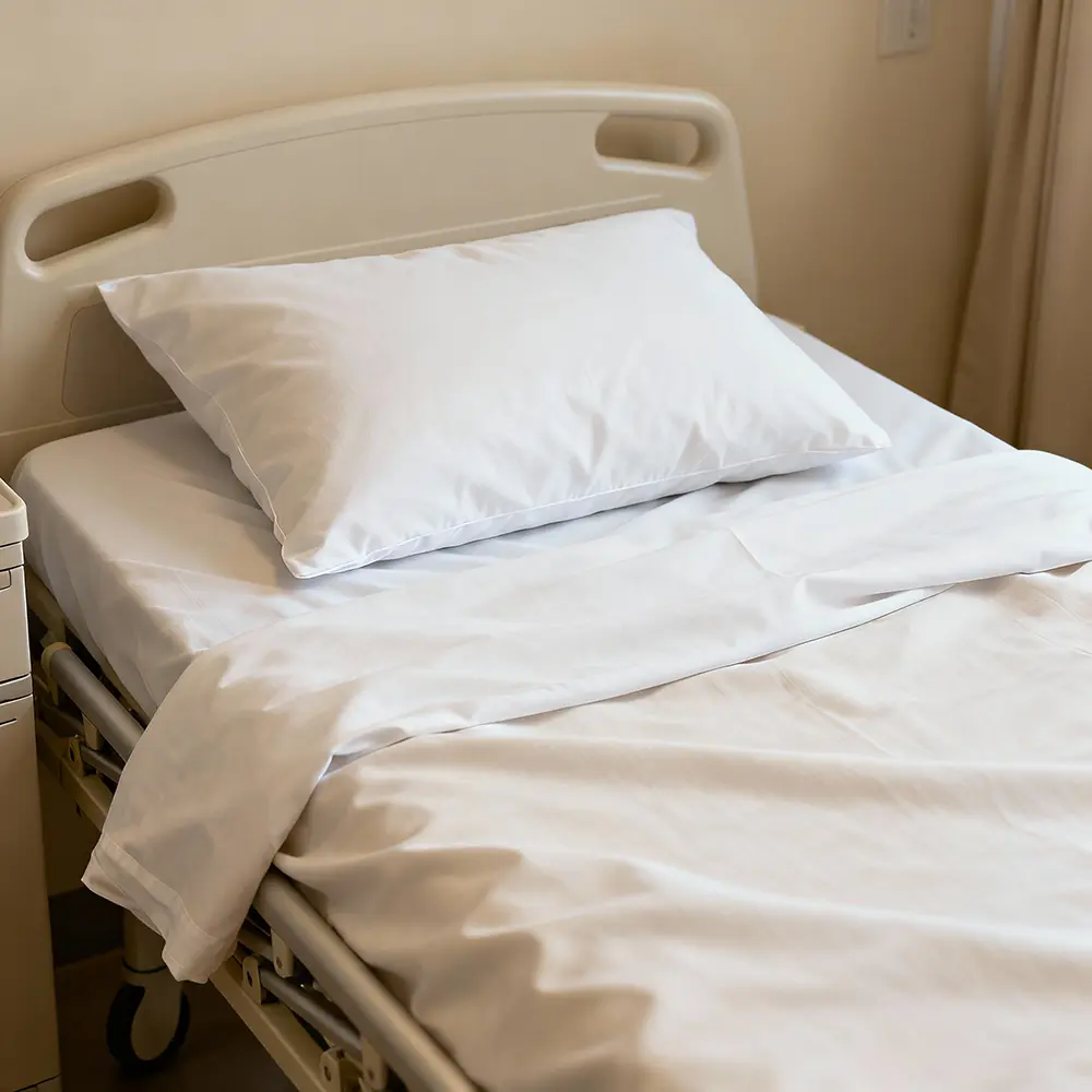 Das Bild zeigt ein Klinik- oder Pflegebett mit weißer Bettwäsche und einem weißen Kopfkissen. Das Bett befindet sich in einem hellen Raum, die Bettumrandung ist aus Kunststoff und verfügt über eingelassene Griffe, wie sie typisch für Krankenhausbetten sind. Die Bettwäsche wirkt sauber, schlicht und funktional—ideal für den Einsatz in Krankenhäusern, Pflegeheimen oder Seniorenresidenzen.