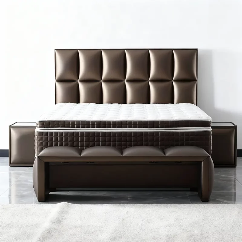 Das Bild zeigt ein exklusives Boxspringbett der Luxusklasse, welches sich perfekt für hochwertig ausgestattete Suiten eignet. Das Bett nimmt nahezu die gesamte Bildbreite ein und steht vor einer einheitlich gestalteten, weißen Wand, die den modernen und reduzierten Einrichtungsstil unterstreicht. Detaillierte Beschreibung Das Kopfteil ist geometrisch in quadratische Segmente unterteilt und luxuriös gepolstert, ausgeführt in einem tiefen Schokoladenbraun mit leichtem Glanz, das dem Raum eine elegante und wertige Atmosphäre verleiht. Die Matratze ist sehr hoch, die Oberfläche weiß und mit einer auffälligen Steppung versehen. Ringsum ist ein breiter, dunkelbrauner Rahmen sichtbar, der sich harmonisch an das Kopfteil anpasst und dem Bett einen soliden, stattlichen Eindruck gibt. Vor dem Bett steht eine üppig gepolsterte Bettbank, ebenfalls in Schokoladenbraun und mit einer klaren, flachen Formgebung. Die Bettbank wirkt robust und großzügig dimensioniert und schließt bündig mit den Seiten des Bettes ab. Rechts und links vom Bett positionieren sich zwei Nachttische, die durch ihr minimalistisches, geradliniges Design auffällig sind und so die luxuriöse Wirkung des Bettes noch verstärken. Der Boden besteht aus großformatigen, glänzenden Fliesen in einem hellen Grau, die den Raum zusätzlich vergrößert erscheinen lassen und den hochwertigen Charakter weiter betonen. Ein heller, großflächiger Teppich liegt vor dem Bett und reicht bis unter die Bettbank. Er bietet einen weichen Kontrast zum kühlen, harten Fliesenboden und sorgt zugleich für ein behagliches, warmes Ambiente. Das Bild vermittelt insgesamt ein extrem hochwertiges, modernes und luxuriöses Ambiente, das ganz auf das exklusive Boxspringbett und seine edlen Materialien fokussiert ist.