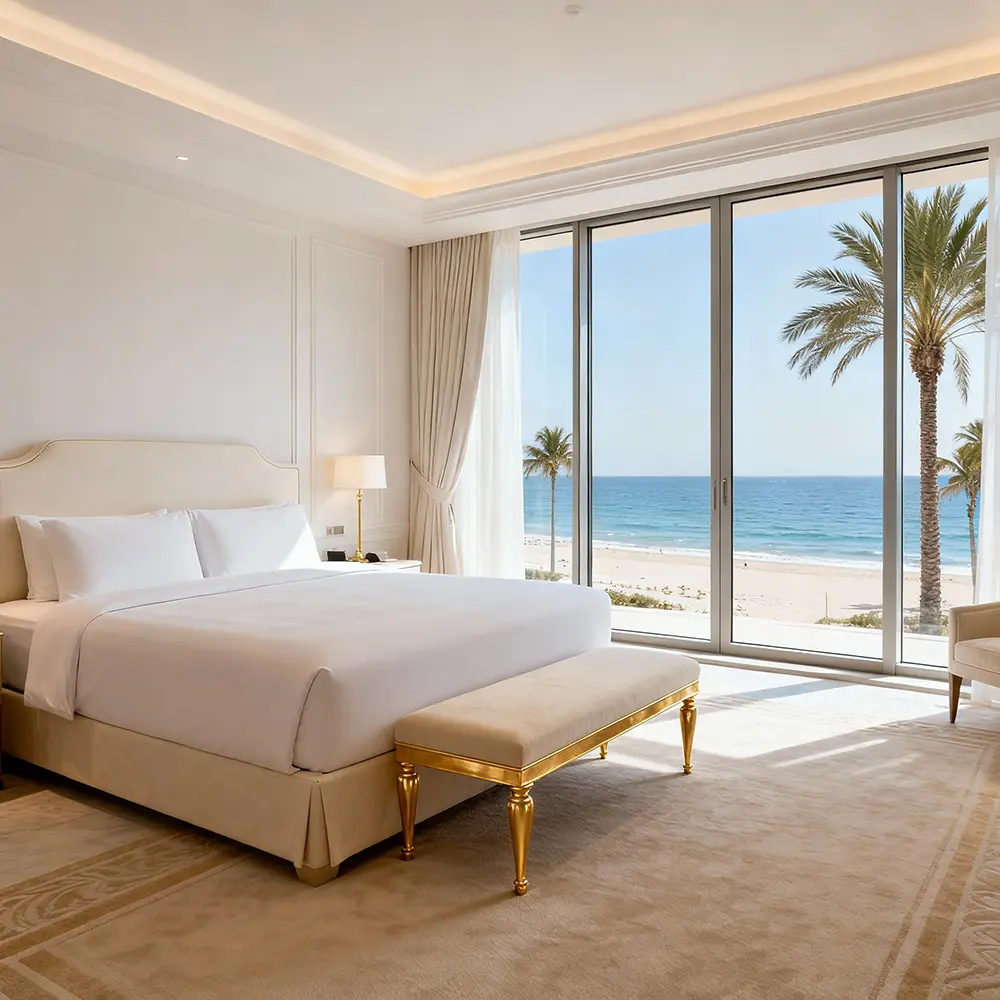 Das Bild zeigt ein luxuriöses Hotelzimmer mit einer eleganten, ruhigen Farbgestaltung in Weiß, Beige und Gold. Im Zentrum befindet sich ein großes Boxspringbett mit schlichtem, etwa 140 cm hohem Kopfteil in hellem Stoff. Direkt vor dem Bett steht eine exklusive Bettbank mit goldenen Füßen und passender Polsterung. Details und Atmosphäre Der Raum ist großzügig gestaltet und vollkommen mit einem hochwertigen Teppich ausgelegt, der unter dem Bett und Kopfteil verläuft. Die bodentiefen Fenster durchfluten das Zimmer mit Licht und bieten einen traumhaften Ausblick auf Strand, Meer und Palmen. Die gesamte Inneneinrichtung wirkt puristisch und luxuriös – reduziert auf wesentliche, edle Elemente und goldene Akzente. Ein eleganter Beistelltisch, eine Lampe und ein heller Sessel ergänzen das stilvolle, exklusive Ambiente. Das Hotelzimmer vermittelt Ruhe, Komfort und die exklusive Atmosphäre einer „Luxury Suite Collection“ mit Blick auf ein tropisches Paradies.