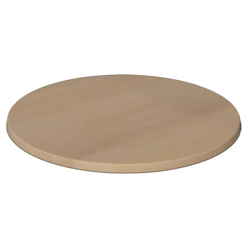 Das Bild zeigt eine runde Tischplatte aus Holzdekor mit einer hellen, buchefarbenen Oberfläche. Die Platte wirkt stabil und ist glatt verarbeitet, mit leicht abgerundeten Kanten. Es handelt sich um ein klassisches Werzalit-Produkt, das sich besonders für den Einsatz in der Gastronomie, Hotellerie oder im Objektbereich eignet, da Werzalit-Tischplatten robust, pflegeleicht und witterungsbeständig sind.