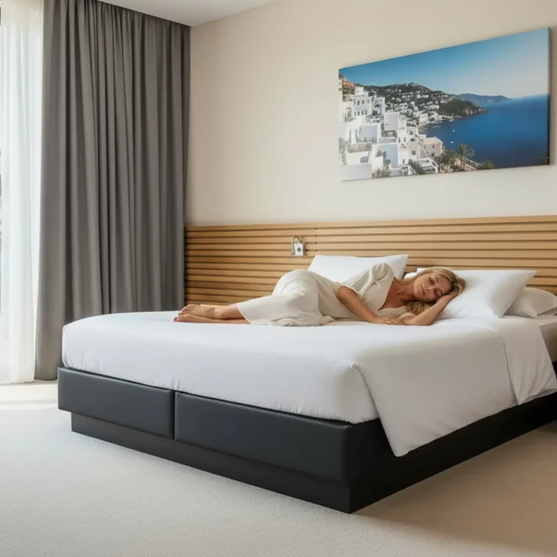 Das Bild zeigt ein modernes, elegantes Hotelzimmer mit einem hochwertigen Boxspringbett im Format 180x200 cm. Die Aufnahme präsentiert eine ansprechende Raumgestaltung, die sich ideal für ein gehobenes Hotel oder Motel eignet. Kernelemente des Designs: Das Bett: Das Boxspringbett wird von einem schwarzen Sockelbett mit aufrechtem Design gestützt, das eine stabile und moderne Basis bietet. Das Bett ist mit hochwertige weißer Bettwäsche ausgestattet und verfügt über mehrere Kissen in Creme- und Weiß-Tönen, die Komfort und Luxus ausstrahlen. Kopfteil: Ein horizontales Kopfteil aus Holzlamellen in warmer Holzfarbe (wahrscheinlich Eiche oder ähnliches) rahmt das Bett ein. Dieses Design-Element verleiht dem Zimmer Wärme und zeitlose Eleganz. Beleuchtung und Accessoires: Eine schlichte weiße Wandleuchte hängt am Kopfteil und dient als praktische Lesebeleuchtung. Fensterbereich: Bodentiefe graue Vorhänge mit durchscheinenden weißen Gardinenschichten schaffen eine angenehme Lichtkontrolle und einen gehobenen Look. Wandgestaltung und Dekoration: Ein großformatiges Kunstwerk mit Meerblick (Mittelmeerlandschaft mit weißen Häusern an einer Küste) schmückt die Wand oberhalb des Bettes und setzt einen ansprechenden Akzent. Bodenbelag: Der helle Fliesenboden unterstreicht die Sauberkeit und Pflegeleichtigkeit, ideal für den gewerblichen Hotelbereich. Dieses Design verkörpert die moderne Hotelausstattung mit Fokus auf Komfort, Funktionalität und ästhetischer Anziehungskraft – genau das richtige Konzept für Ihr Hoteleinrichtungs- und Textilgeschäft.
