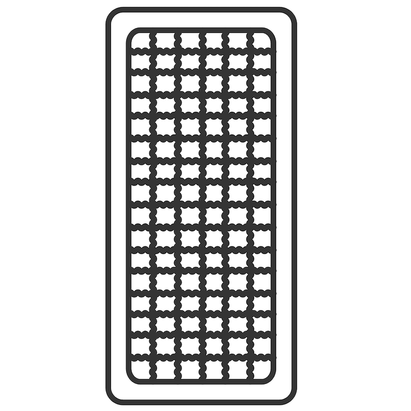 Illustration einer rechteckigen Matratzenauflage aus Schafschurwolle mit umlaufendem Rand und gleichmäßigem, kariertem Steppmuster in der Mitte.