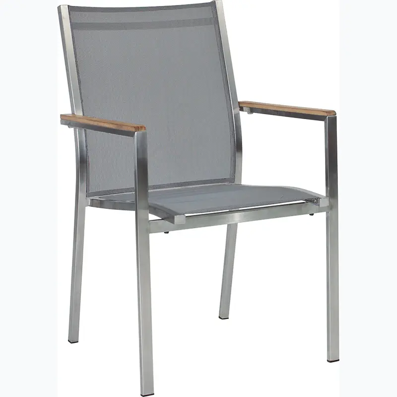 CARDIFF Outdoor-Stapelsessel von STERN® mit Teakarmlehnen – Edelstahl & Textilen - Hantermann - Der Hotelausstatter CARDIFF Outdoor-Stapelsessel von STERN® mit silbergrauem Textilen, Edelstahlgestell und Armlehnen aus Teakholz