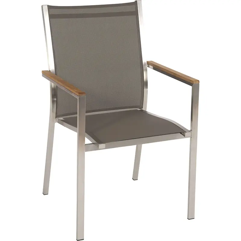 CARDIFF Outdoor-Stapelsessel von STERN® mit Teakarmlehnen – klassisches Edelstahl-Design - Hantermann - Der Hotelausstatter CARDIFF Outdoor-Stapelsessel von STERN® mit Edelstahlgestell, taupefarbenem Textilenbezug und Teakholzarmlehnen