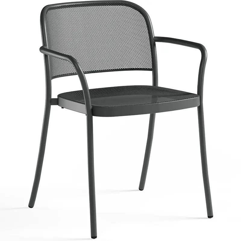 EMU Café Outdoor Stapelsessel 557 in Eisen-grau (22): Eleganter Armlehnstuhl aus pulverbeschichtetem Stahl mit Mesh-Sitz und -Lehne, schlanke Rahmenbeine – minimalistisches Design für Café, Bistro, Restaurant- und Hotelterrassen.