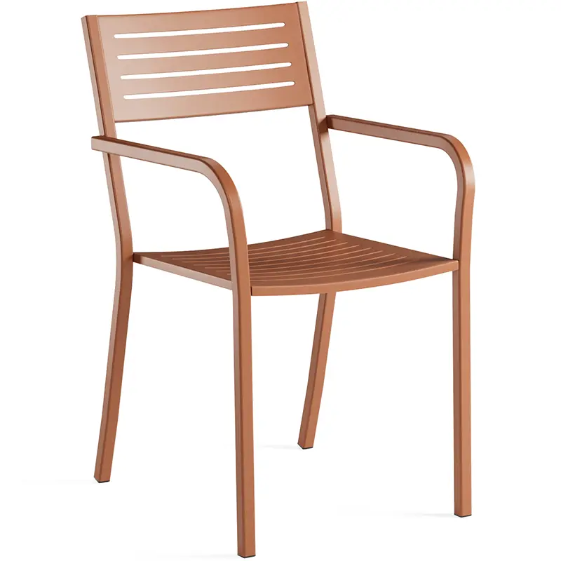 Outdoor-Stapelsessel EMU SEGNO 268 in Ahorn-Rot (26), Metalllatten-Sitz und -Rückenlehne, stapelbar, gezeigt ohne Polster als Basis für Stoffauswahl von Sitz- und Rückenkissen. Belastbar bis 200 kg statisches Gewicht. Ideal für Senioren und Terrassen im Bistro, Cafe, Restaurant und Hotel.