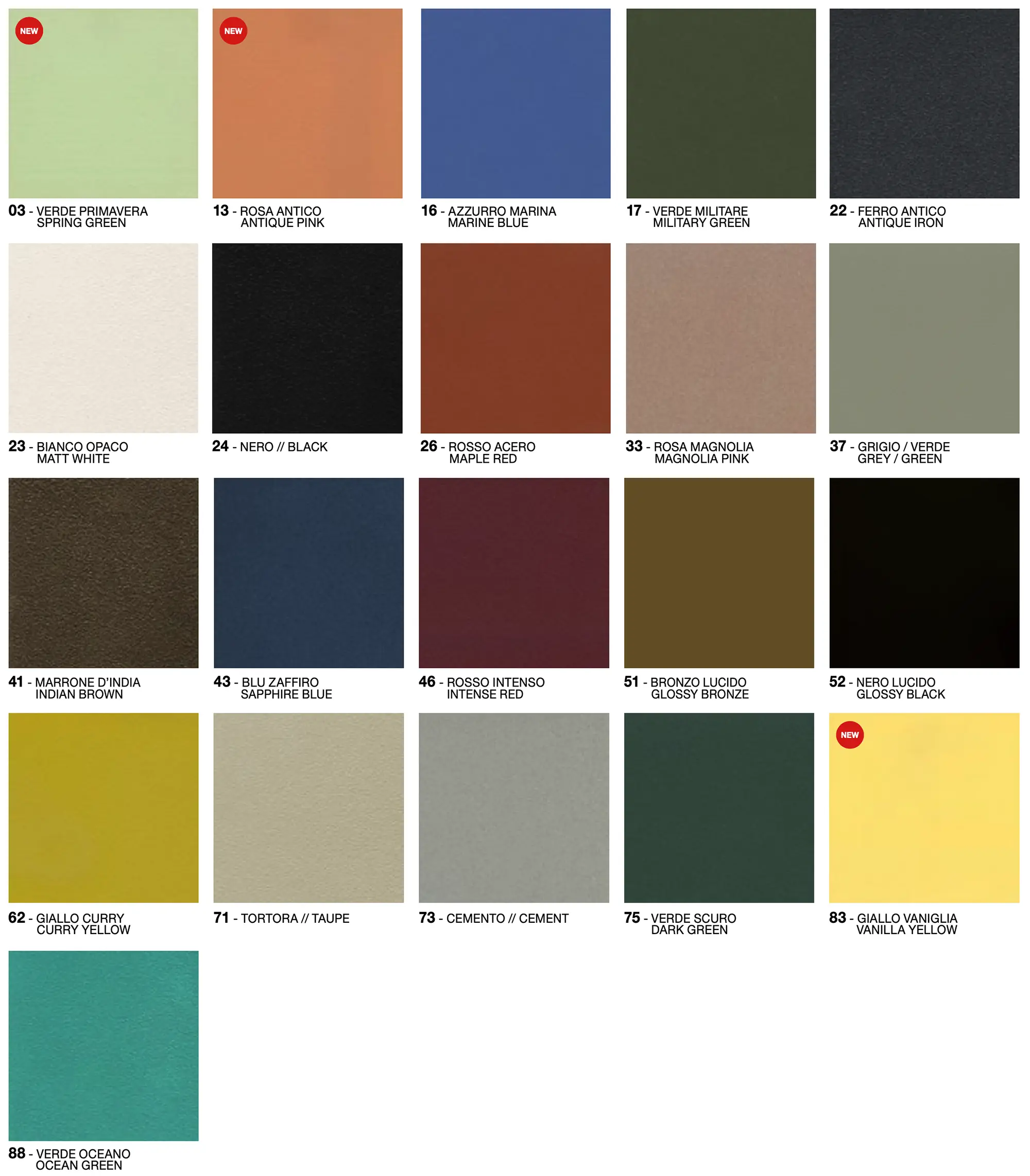 Farbkarte EMU Metallfarben 2026 mit 20 RAL‑ähnlichen Farbmusterfeldern für Metallmöbel, jeweils mit Farbnummer und Farbnamen wie Spring Green, Antique Pink, Marine Blue, Military Green, Matt White, Black, Maple Red, Magnolia Pink, Grey Green, Indian Brown, Sapphire Blue, Intense Red, Glossy Bronze, Glossy Black, Curry Yellow, Taupe, Cement, Dark Green, Ocean Green und Vanilla Yellow.