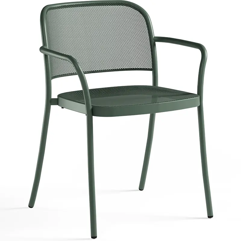 EMU Café Outdoor Stapelsessel 557 in Dunkel-grün (75) - Hantermann - Der Hotelausstatter EMU Café Outdoor Stapelsessel 557 in Dunkel-grün (75): Eleganter Armlehnstuhl aus pulverbeschichtetem Stahl mit Mesh-Sitz und -Lehne, schlanke Rahmenbeine – minimalistisches Design für Café, Bistro, Restaurant- und Hotelterrassen.
