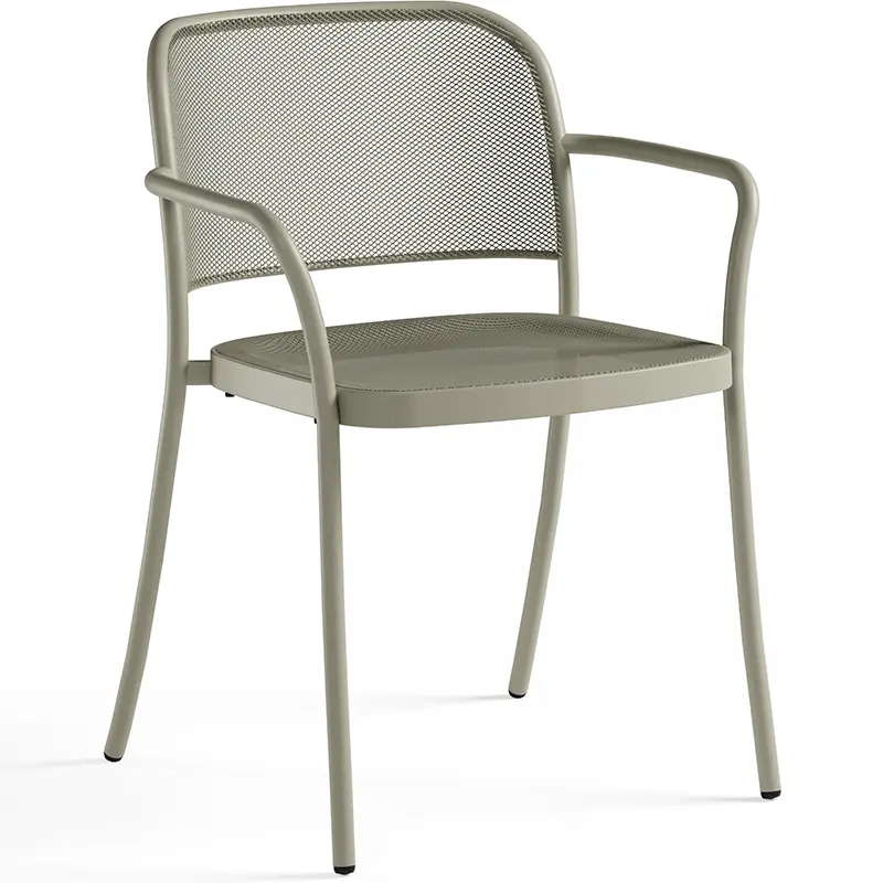 EMU Café Outdoor Stapelsessel 557 in Grün-grau (37) - Hantermann - Der Hotelausstatter EMU Café Outdoor Stapelsessel 557 in Grün-grau (37): Eleganter Armlehnstuhl aus pulverbeschichtetem Stahl mit Mesh-Sitz und -Lehne, schlanke Rahmenbeine – minimalistisches Design für Café, Bistro, Restaurant- und Hotelterrassen.
