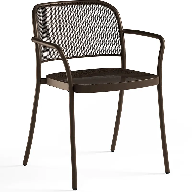 EMU Café Outdoor Stapelsessel 557 in Indisch-braun (41) - Hantermann - Der Hotelausstatter EMU Café Outdoor Stapelsessel 557 in Indisch-braun (41): Eleganter Armlehnstuhl aus pulverbeschichtetem Stahl mit Mesh-Sitz und -Lehne, schlanke Rahmenbeine – minimalistisches Design für Café, Bistro, Restaurant- und Hotelterrassen.