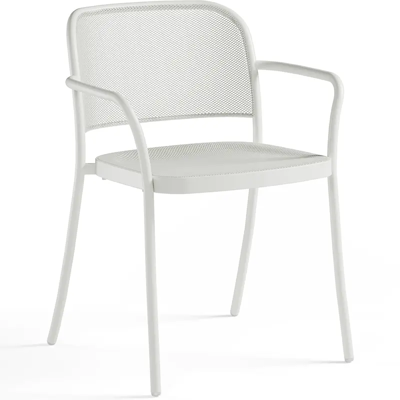 EMU Café Outdoor Stapelsessel 557 in Matt-weiß (23) - Hantermann - Der Hotelausstatter EMU Café Outdoor Stapelsessel 557 in Matt-weiß (23): Eleganter Armlehnstuhl aus pulverbeschichtetem Stahl mit Mesh-Sitz und -Lehne, schlanke Rahmenbeine – minimalistisches Design für Café, Bistro, Restaurant- und Hotelterrassen.