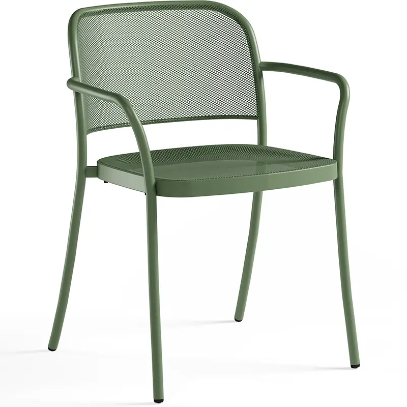 EMU Café Outdoor Stapelsessel 557 in Militär-grün (17) - Hantermann - Der Hotelausstatter EMU Café Outdoor Stapelsessel 557 in Militär-grün (17): Eleganter Armlehnstuhl aus pulverbeschichtetem Stahl mit Mesh-Sitz und -Lehne, schlanke Rahmenbeine – minimalistisches Design für Café, Bistro, Restaurant- und Hotelterrassen.