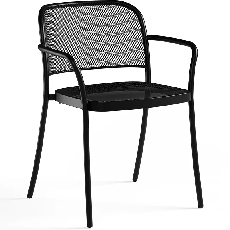 EMU Café Outdoor Stapelsessel 557 in Schwarz (24) - Hantermann - Der Hotelausstatter EMU Café Outdoor Stapelsessel 557 in Schwarz (24): Eleganter Armlehnstuhl aus pulverbeschichtetem Stahl mit Mesh-Sitz und -Lehne, schlanke Rahmenbeine – minimalistisches Design für Café, Bistro, Restaurant- und Hotelterrassen.
