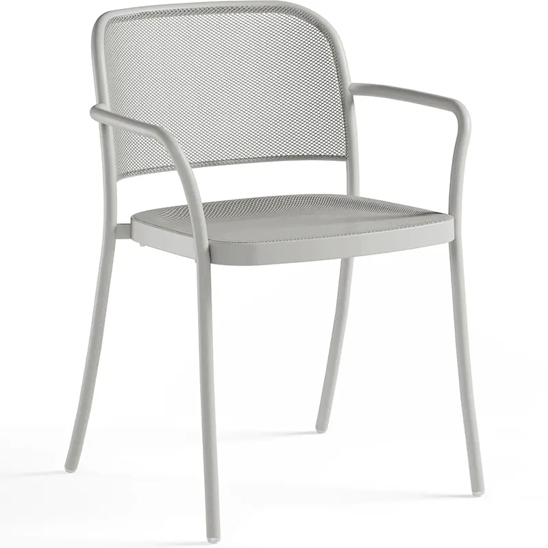 EMU Café Outdoor Stapelsessel 557 in Zement-grau (73) - Hantermann - Der Hotelausstatter EMU Café Outdoor Stapelsessel 557 in Zement-grau (73): Eleganter Armlehnstuhl aus pulverbeschichtetem Stahl mit Mesh-Sitz und -Lehne, schlanke Rahmenbeine – minimalistisches Design für Café, Bistro, Restaurant- und Hotelterrassen.
