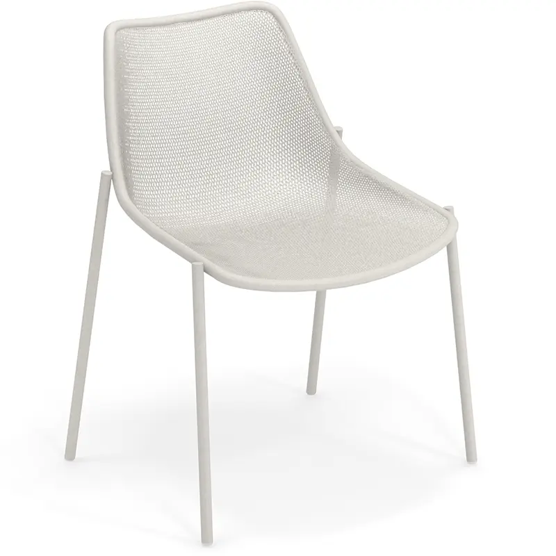 EMU Round 465 Matt-Weiß 23 - Hantermann - Der Hotelausstatter Stapelbarer Outdoor-Stuhl EMU Round 465 aus Stahl mit feinem Streckmetall-Sitz und Rückenlehne in Farbe 23 Matt-Weiß, moderner Gartenstuhl für Terrasse, Gastronomie und Hotel-Außenbereich.