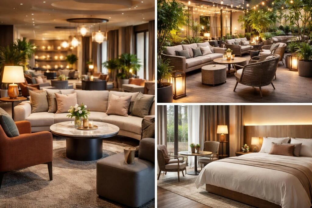 Elegantes, modernes Hotelambiente mit gemütlichen Lounge- und Sitzbereichen, warmem Licht, viel Grünpflanzen und hochwertiger Einrichtung, ideal für Gastronomie, Hotel, Restaurant, Seniorenresidenz und Pflegeeinrichtung.