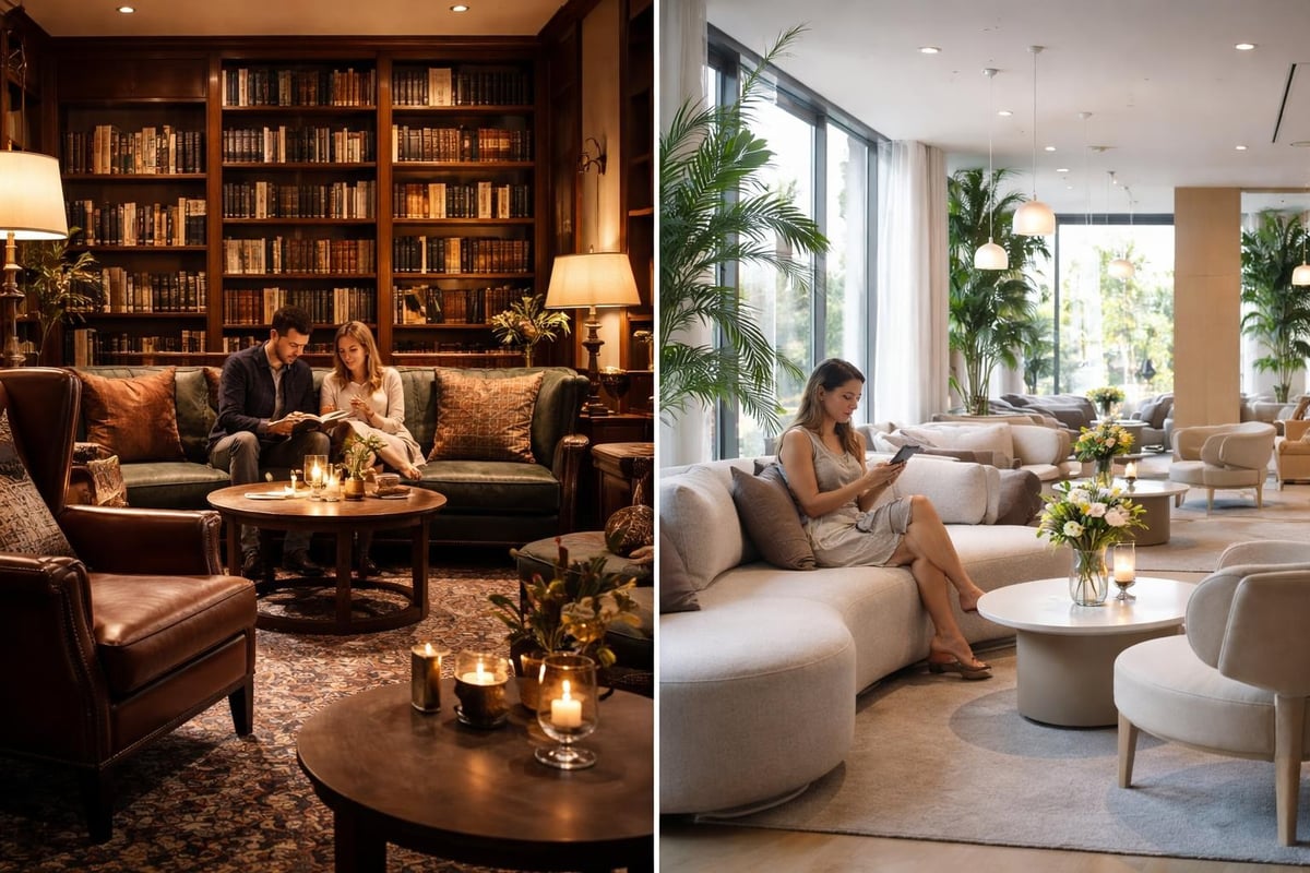 Gemütliches Hotelambiente mit dunkler, behaglicher Lounge (links) und heller, freundlicher Sitzgruppe (rechts), das Gäste in Hotel oder Seniorenresidenz zum Verweilen einlädt.